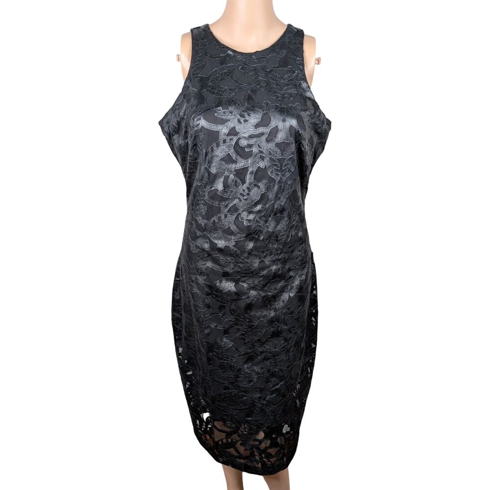 Alexia Admor Black Faux Leather Floral Lace Sheer Mesh Overlay Cocktail Dress M